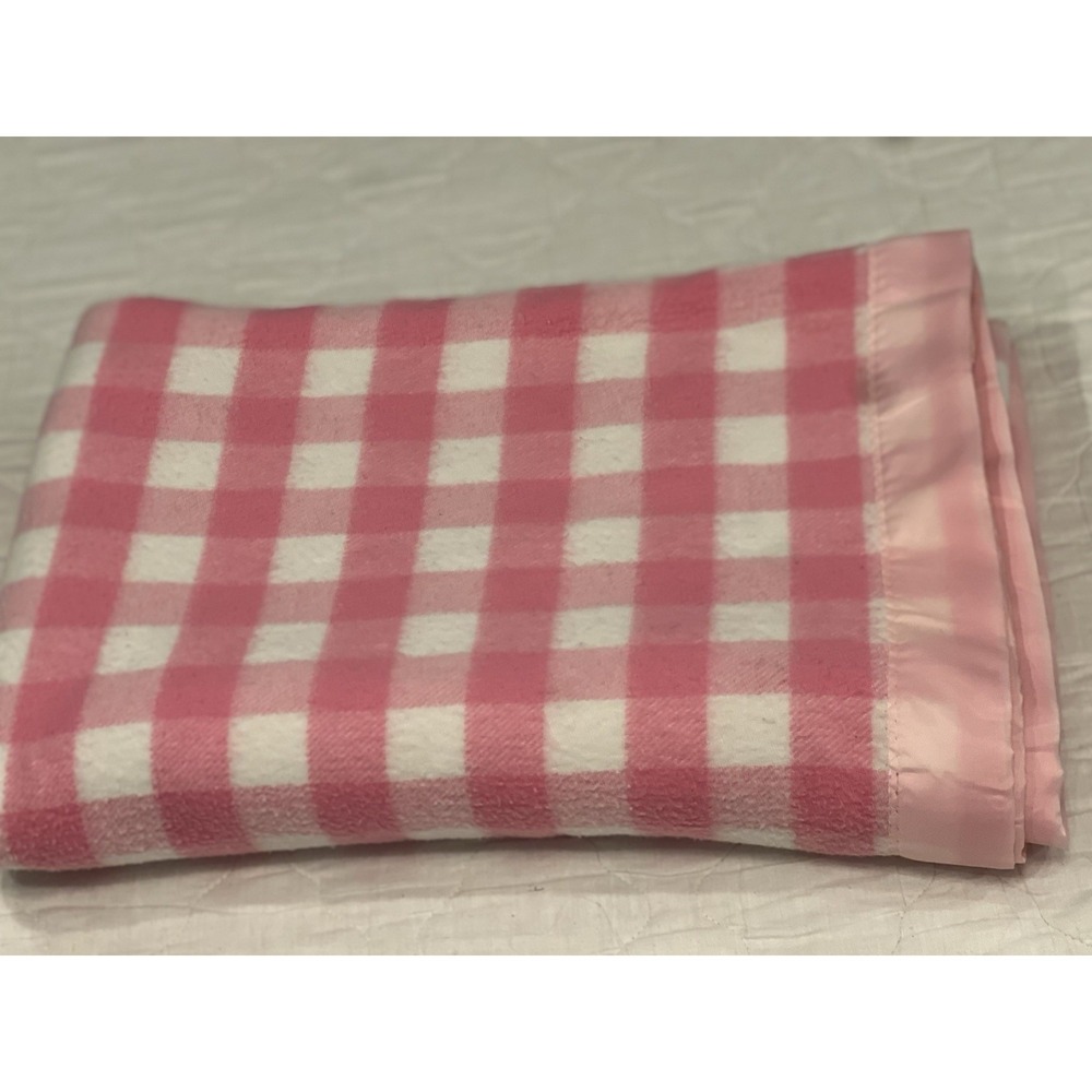 Vintage Stevens Utica Plaid Acrylic‎ Blanket Pink/White Nylon Edge Gingham READ